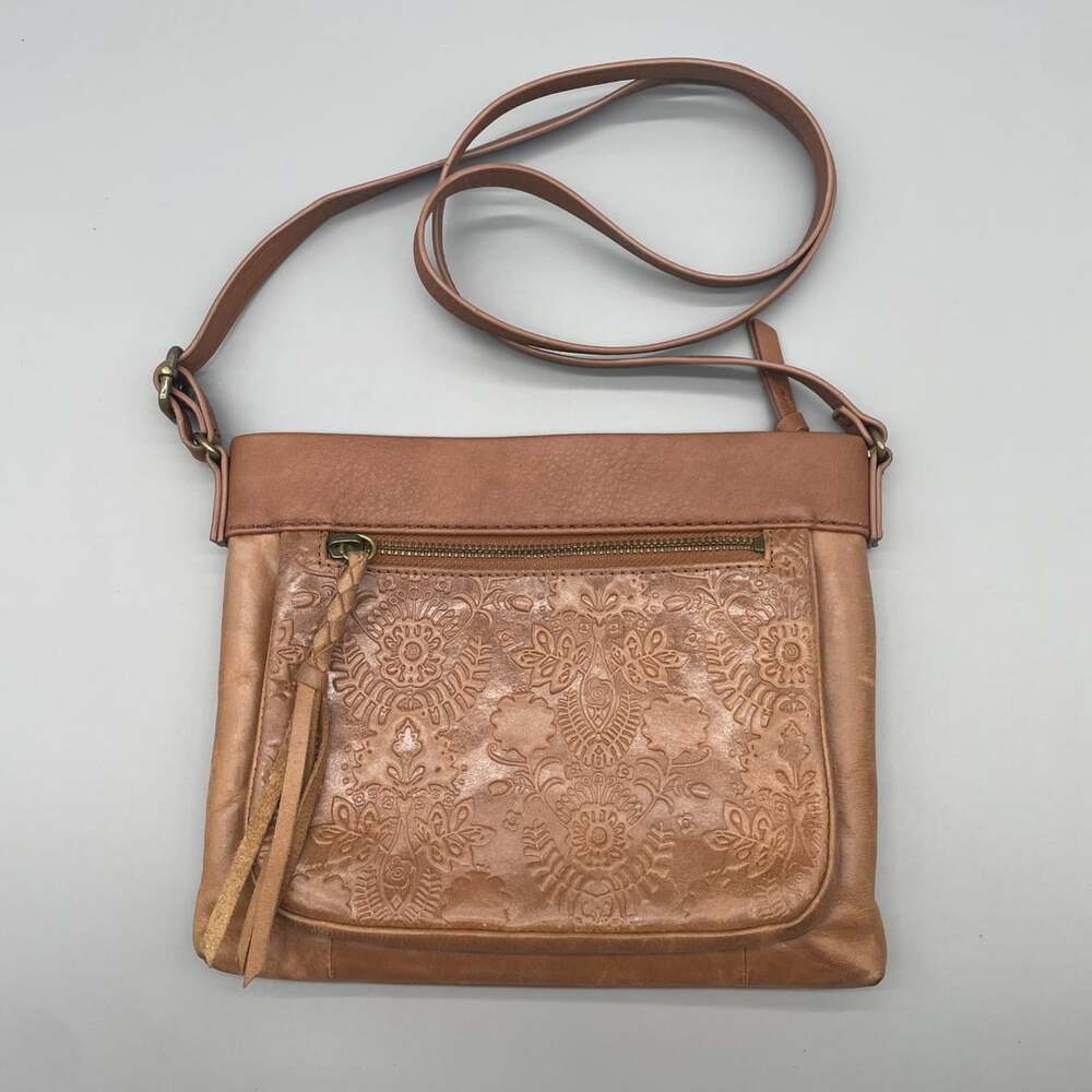 The Sak Sanibel Leather Crossbody Bag Tobacco Floral Embossed Brown Western Boho